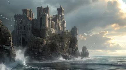 Deurstickers A historic medieval castle on a cliff, ocean waves crashing below, dramatic sky, knights and horses, period architecture. Resplendent. © Summit Art Creations