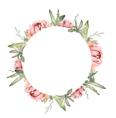 Hand-painted frame watercolor design elements. Floral tropical leaves motifs. Watercolor set of wreaths and laurels. Frame set. - 772759845