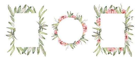 Hand-painted frame watercolor design elements. Floral tropical leaves motifs. Watercolor set of wreaths and laurels. Frame set.