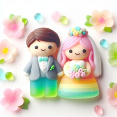 a cute wedding couple made of pastel color rainbow gummy candy with flowers around on a white background
