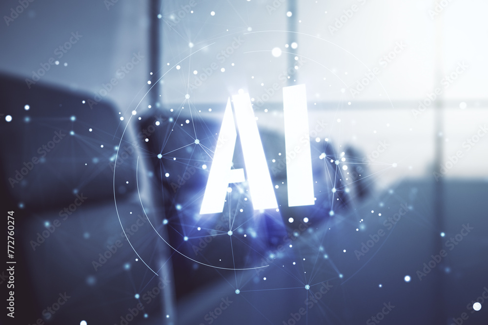 Poster abstract virtual artificial intelligence symbol hologram on a modern conference room background. mul