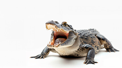 Obraz premium 口を大きく開けるワニの全身像。バナー背景、コピースペース、壁紙