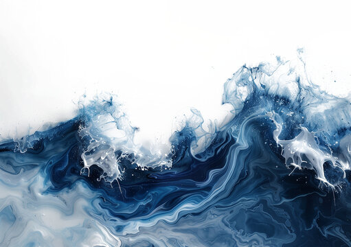 A lone wave breaks the stillness of a white void, its churning depths swirling with shades of deep blue. The wave's frothy crest curls and crashes with chaotic energy, symbolizing the eternal dance be