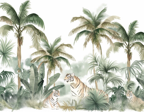 A vintage-style wallpaper with lush green palm leaves, towering trees, and wild animals like giraffes or lions in the jungle on a white background, painted in a watercolor style with very soft colors