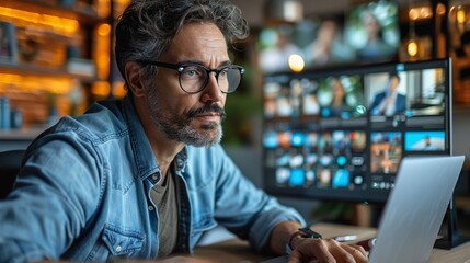 Businessman watching a webinar on a laptop, taking notes for professional development