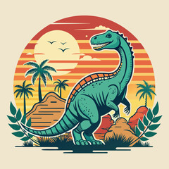 Dinosaur on the background of the sun and tree. Vector illustration.