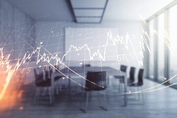 Multi exposure of virtual creative financial chart hologram on a modern meeting room background, research and analytics concept