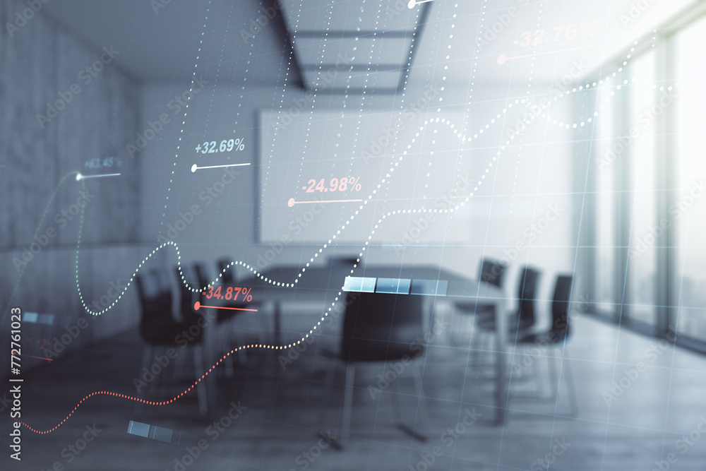 Poster Multi exposure of abstract statistics data hologram interface on a modern furnished office interior background, computing and analytics concept