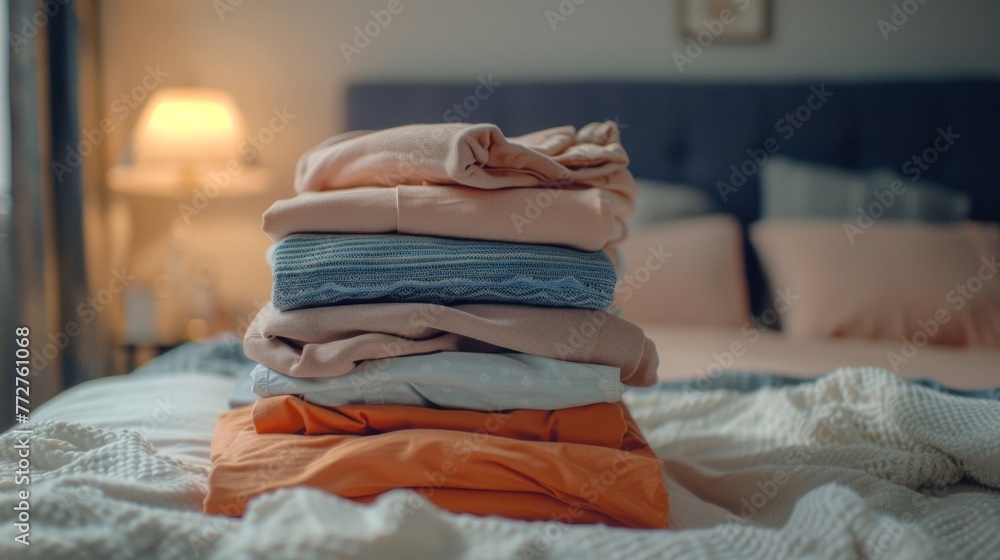 Poster a neat stack of folded clothes placed on top of a bed, creating a organized and tidy look in the roo