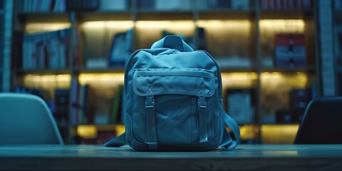 A close-up view of a blue school backpack resting on top of a wooden table - obrazy, fototapety, plakaty