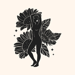 Silhouettes of lady with flowers in linocut style. Trendy vector illustration. - 772761251