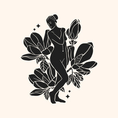 Silhouettes of lady with flowers in linocut style. Hand drawn illustration. - 772761259
