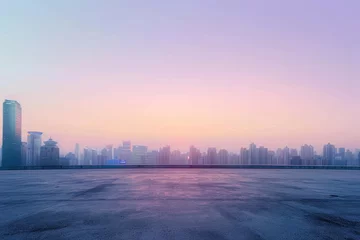 Foto op Aluminium An empty city skyline at sunrise, with the first light of dawn painting the horizon in soft pastel colors, and the promise of a new day dawning over the silent urban landscape, Generative AI © Formatikastd