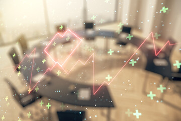 Abstract virtual heart rate sketch on a modern boardroom background, Medicine and healthcare...