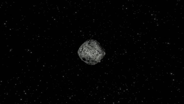 High quality and very detailed CGI render of a dramatic orbit shot of the near-Earth asteroid 101955 Bennu in deep space