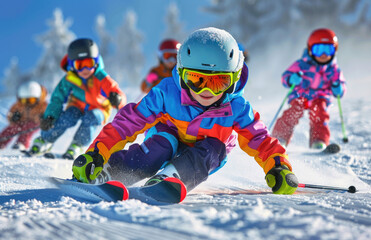 Children learning to ski on the slope, with a snow mountain background