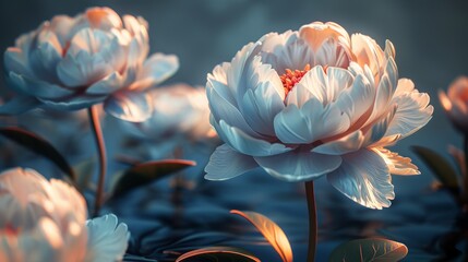   A cluster of white blossoms floating atop a watery expanse with lily pads beneath the flower petals - obrazy, fototapety, plakaty