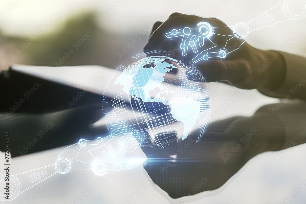 Aufkleber Creative abstract robotics technology hologram with globe and finger presses on a digital tablet on background, artificial intelligence and machine learning concept. Multi exposure