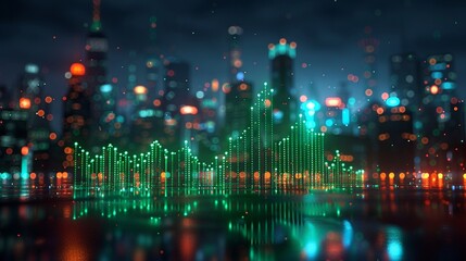 A 3D rendered graph of a green upward trending line against a backdrop of the city skyline at night, symbolizing economic growth