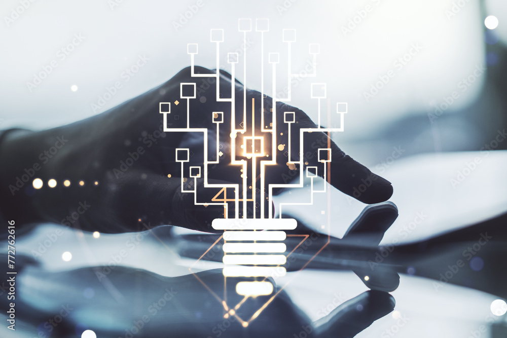 Poster double exposure of creative light bulb hologram with chip and finger clicks on a digital tablet on b