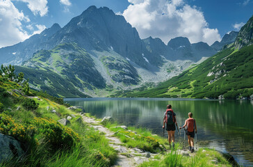 Tatra Mountains summer hiking with friends, two women in colorful and backpacks walking along the path among green grass on a high mountain background - obrazy, fototapety, plakaty