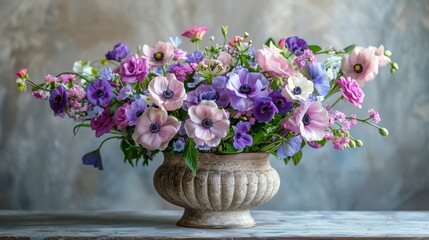   A wooden table holds a vase brimming with purple and pink flowers against a gray wall
