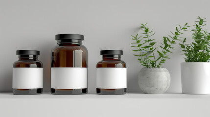 Minimalist composition of blank labeled bottles on a shelf against a grey backdrop, accompanied by...