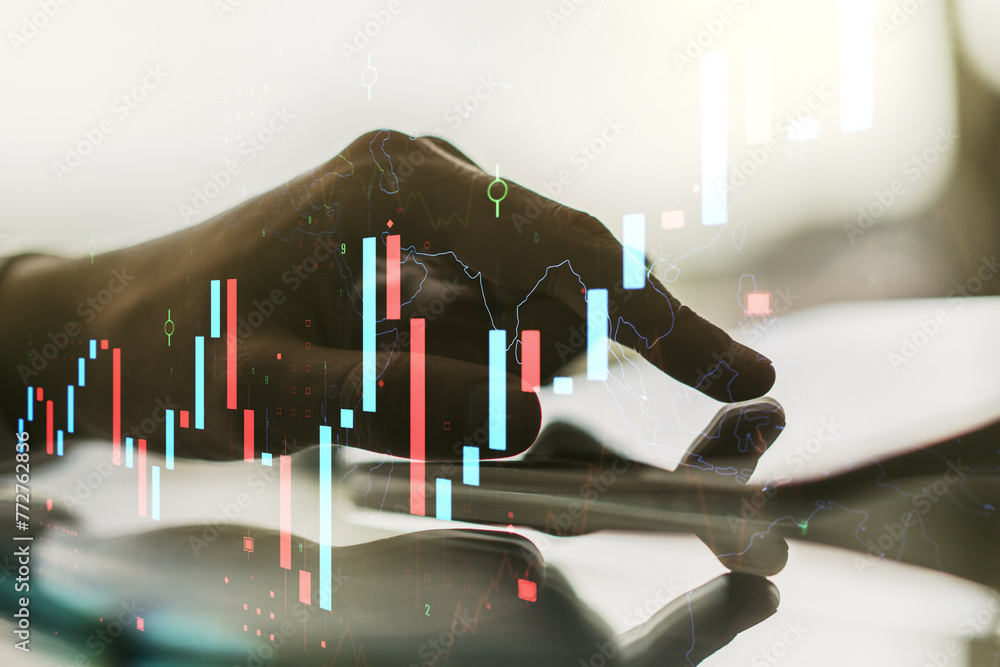 Poster abstract creative financial graph with finger clicks on a digital tablet on background, financial an