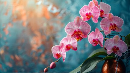   A clear vase with pink orchids on a windowsill amidst a sharp background - obrazy, fototapety, plakaty