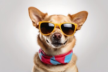 Funny dog wearing sunglasses and scarf, isolated on grey background.