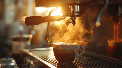 Coffee machine making cappuccino in cafe, - obrazy, fototapety, plakaty