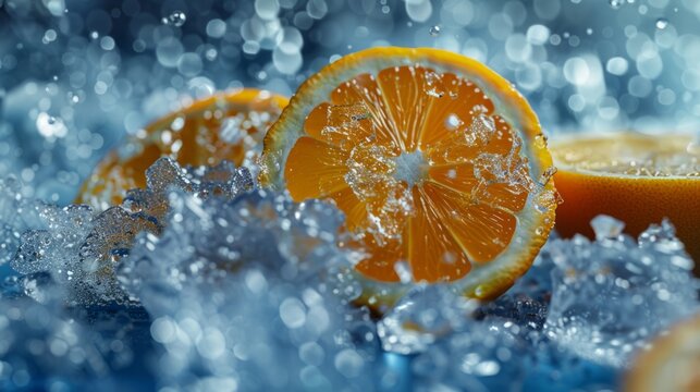 Slices of orange and ice on blue background,