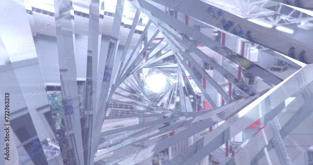 Poster abstract metallic shiny silver chrome polyhedral tunnel frame made of lines of hexagonal edges, mech