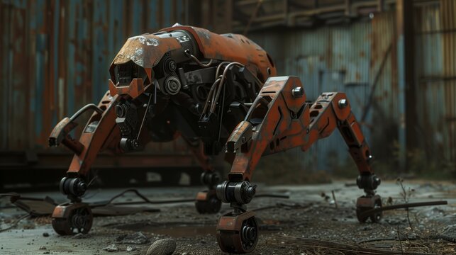 Post-apocalypse, robot dog. Sci-fi scene. Advanced futuristic technology