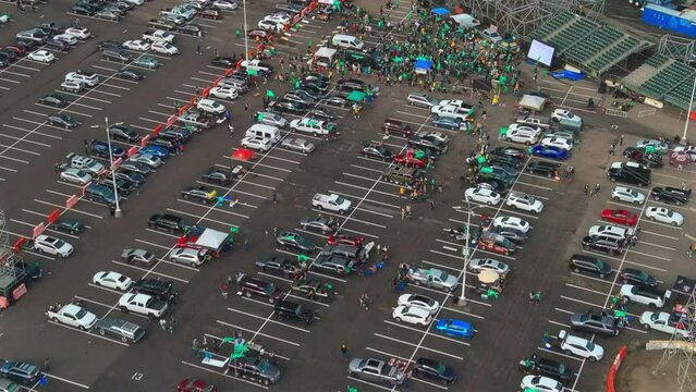 Aerial View of Oakland A&rsquo;s Fans Rally in Stadium Parking Lot