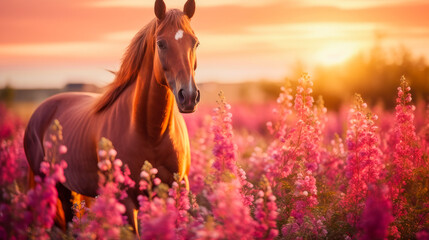 Cute, beautiful horse in a field with flowers in nature, in the sun's rays. - obrazy, fototapety, plakaty