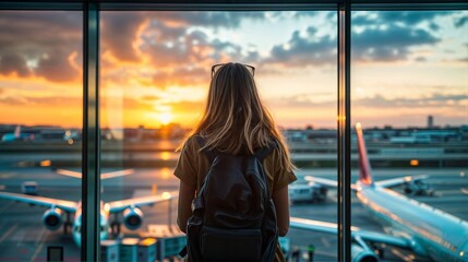 Young woman looking at the sunset through the window of an international airport - obrazy, fototapety, plakaty