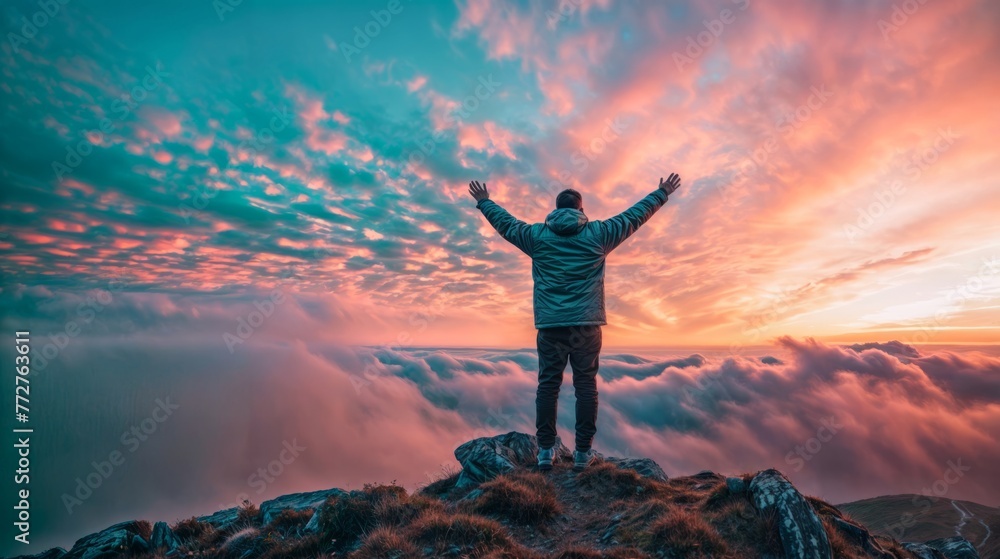 Poster Man standing on top of the mountain with raised hands and enjoying the view