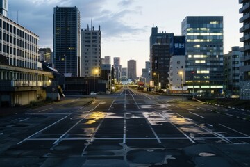 Obraz premium An empty cc, with skyscrapers towering over deserted streets, casting long shadows in the soft morning light, Generative AI