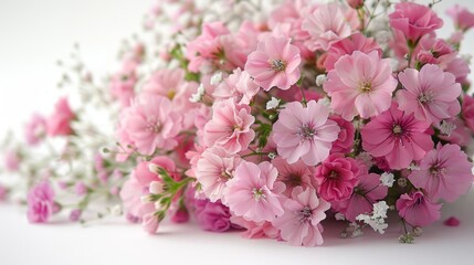   Pink and white flowers are arranged on a white table with additional pink and white blooms