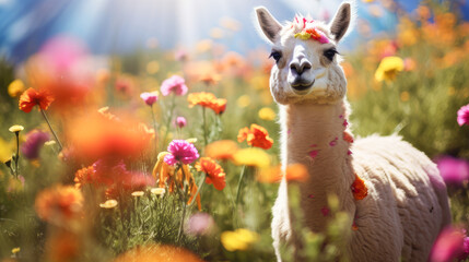 Cute, beautiful llama in a field with flowers in nature, in sunny pink rays.