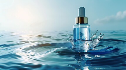 Glass cosmetic dropper bottle with organic moisturizing serum on water surface with waves on blue gradient background. Natural summer beauty product with moisturizing effect. copy space.