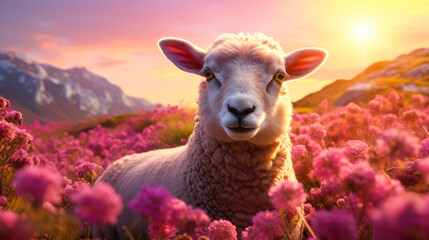 Cute, beautiful sheep in a field with flowers in nature, in sunny pink rays.