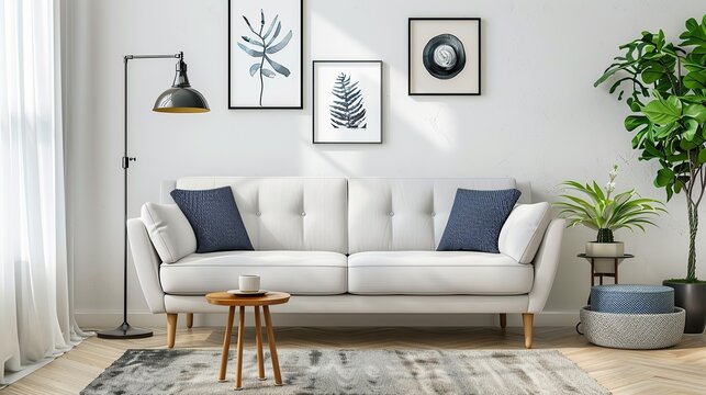 Interior of modern living room with comfortable sofa, lamp, pictures and houseplant. copy space for text.