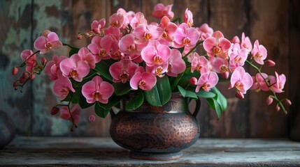   Vase with pink flowers on wooden table, against wood-paneled backdrop