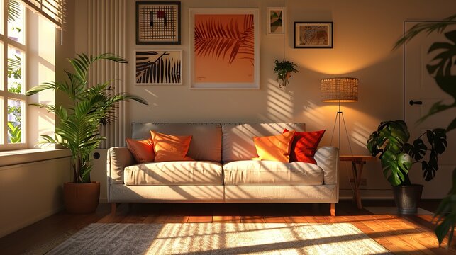 Interior of modern living room with comfortable sofa, lamp, pictures and houseplant. copy space for text.