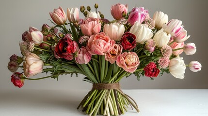   A bouquet of pink, red, and white flowers in a vase with a brown ribbon is a beautiful addition to any room The vibrant colors of the flowers add a pop of