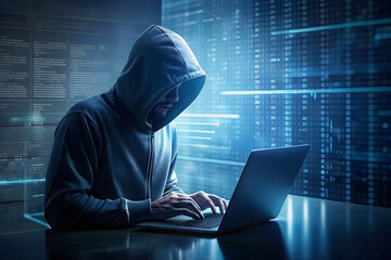 A hacker in a darkened room, typing on a laptop with lines of code on the screen, illustrating cybersecurity and digital threats - obrazy, fototapety, plakaty