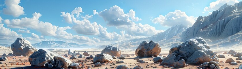 Big rock chunks scattered on dry land, random desert mountain, fantasy, photorealistic image ,super realistic,clean sharp focus - obrazy, fototapety, plakaty