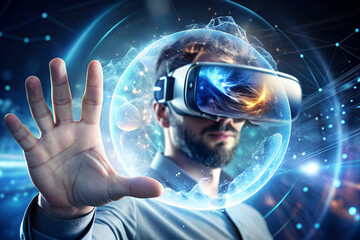 A close-up of a person's hand interacting with a virtual reality headset, immersed in a digital world of immersive experiences